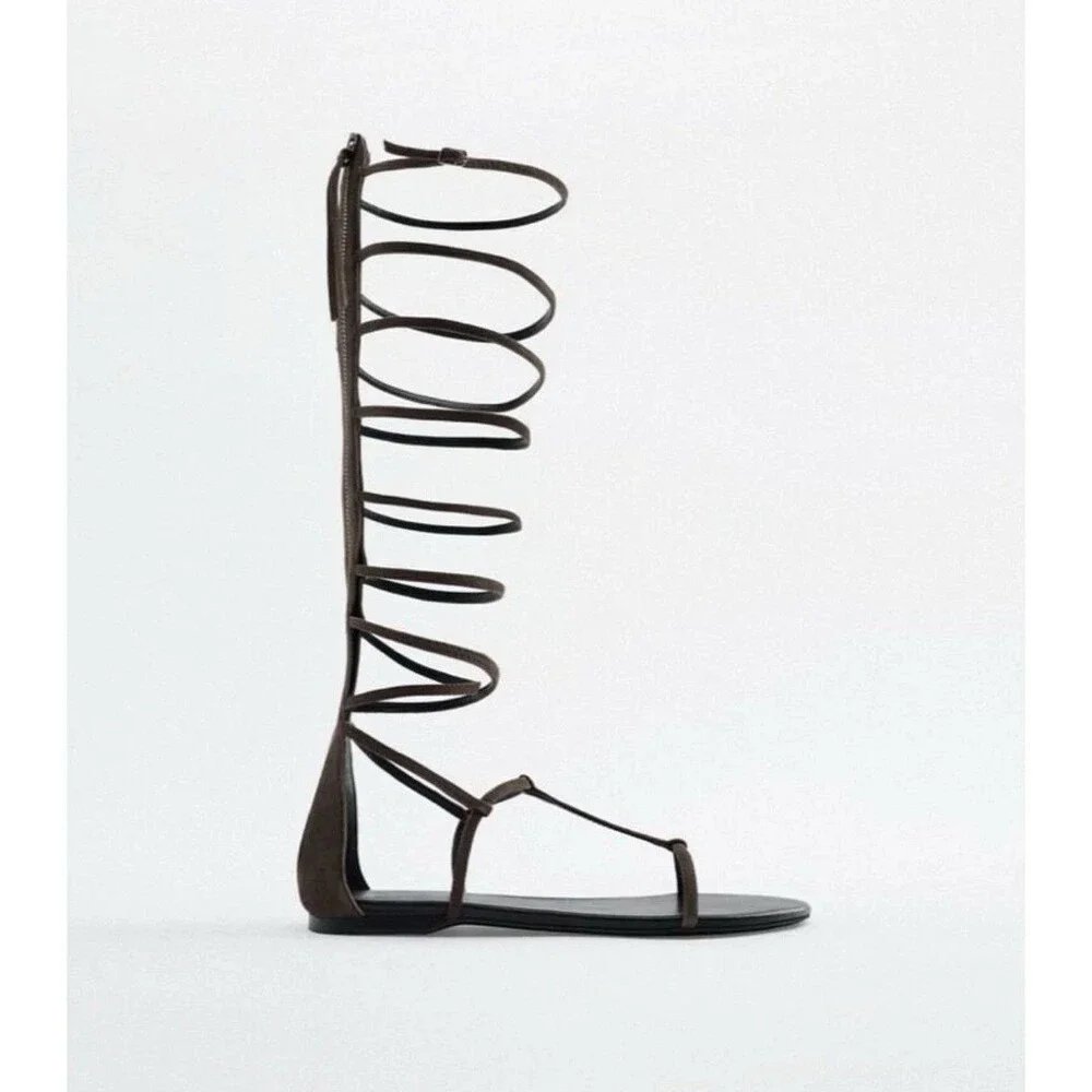 NWT Zara Sandals 37 US 6.5 Flat Brown Suede Leather Gladiator  REF 1616/910 - Picture 2 of 10